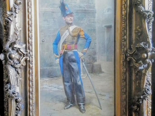 Hussard du VIIIème régiment de cavalerie. Gouache 23 x 45 cm